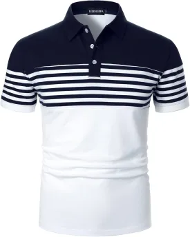 Mens Polo Shirts Long/Short Sleeve Striped Casual Slim Fit Golf Polo Contrast Color Summer Cotton T-Shirts
