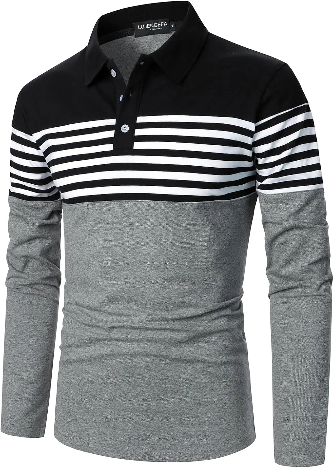 Mens Polo Shirts Long/Short Sleeve Striped Casual Slim Fit Golf Polo Contrast Color Summer Cotton T-Shirts