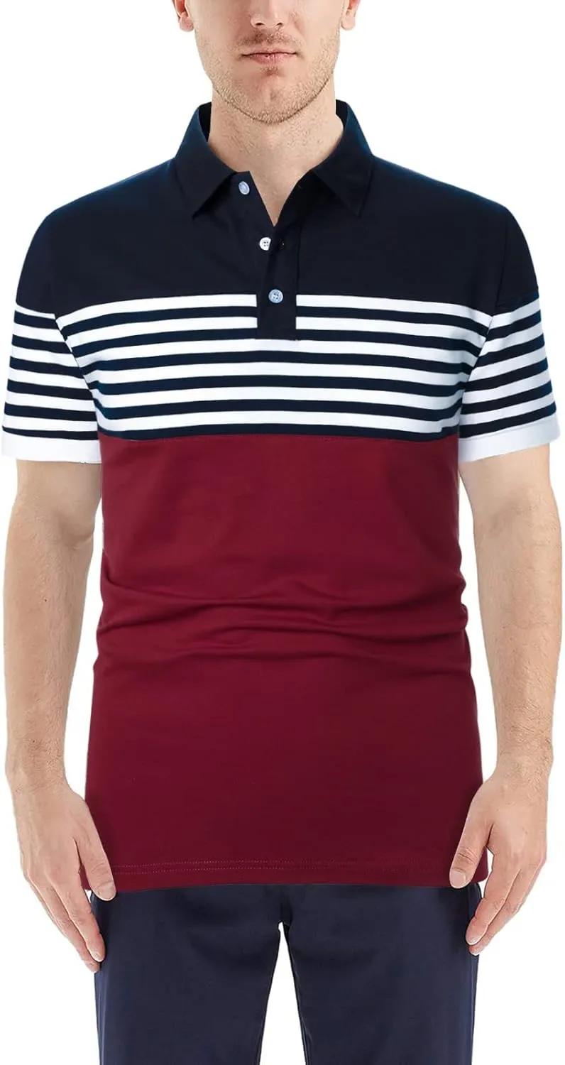 Mens Polo Shirts Long/Short Sleeve Striped Casual Slim Fit Golf Polo Contrast Color Summer Cotton T-Shirts