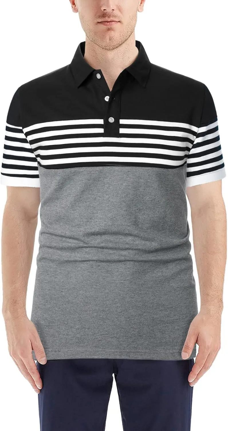 Mens Polo Shirts Long/Short Sleeve Striped Casual Slim Fit Golf Polo Contrast Color Summer Cotton T-Shirts