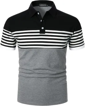 Mens Polo Shirts Long/Short Sleeve Striped Casual Slim Fit Golf Polo Contrast Color Summer Cotton T-Shirts