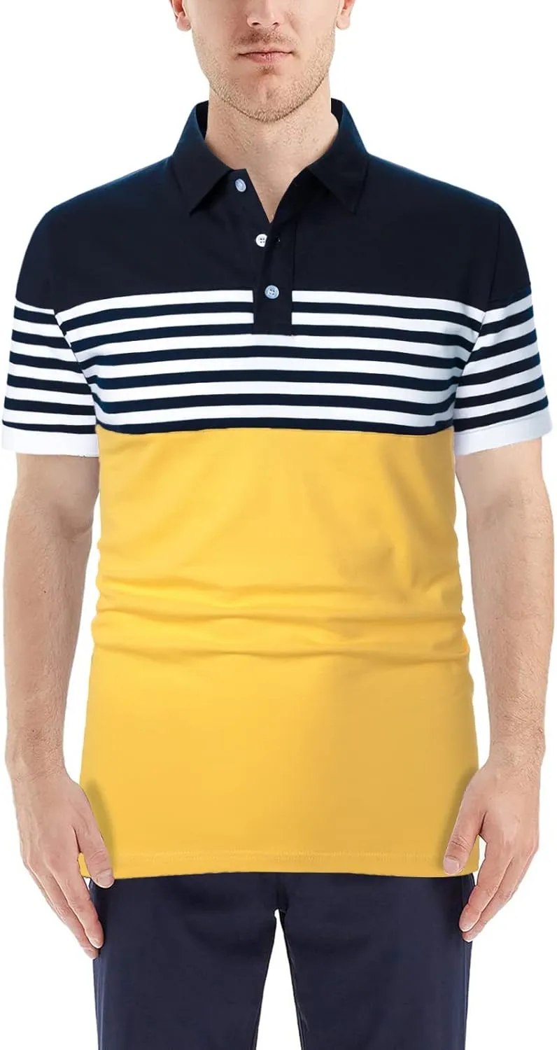 Mens Polo Shirts Long/Short Sleeve Striped Casual Slim Fit Golf Polo Contrast Color Summer Cotton T-Shirts