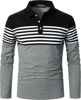 Mens Polo Shirts Long/Short Sleeve Striped Casual Slim Fit Golf Polo Contrast Color Summer Cotton T-Shirts