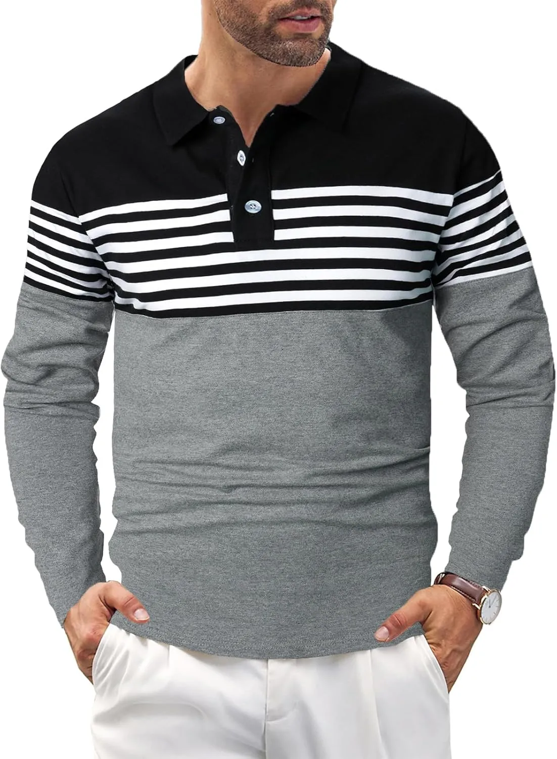 Mens Polo Shirts Long/Short Sleeve Striped Casual Slim Fit Golf Polo Contrast Color Summer Cotton T-Shirts