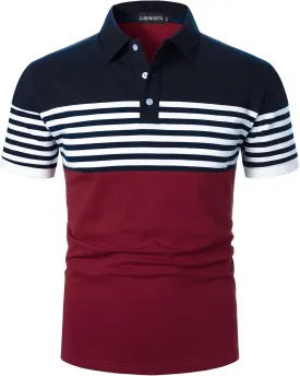 Mens Polo Shirts Long/Short Sleeve Striped Casual Slim Fit Golf Polo Contrast Color Summer Cotton T-Shirts