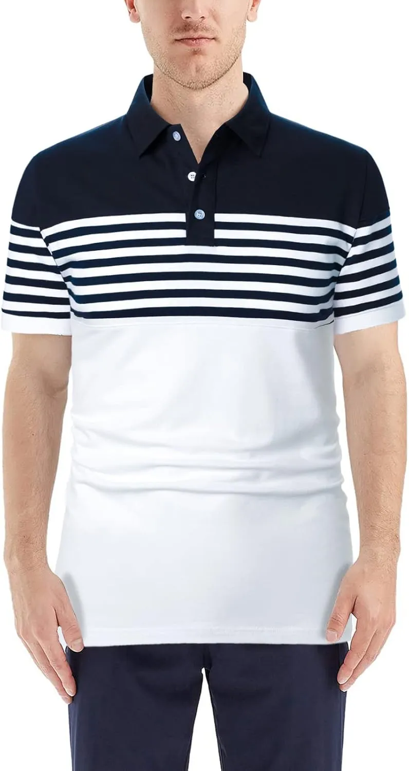 Mens Polo Shirts Long/Short Sleeve Striped Casual Slim Fit Golf Polo Contrast Color Summer Cotton T-Shirts