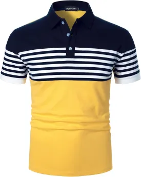 Mens Polo Shirts Long/Short Sleeve Striped Casual Slim Fit Golf Polo Contrast Color Summer Cotton T-Shirts