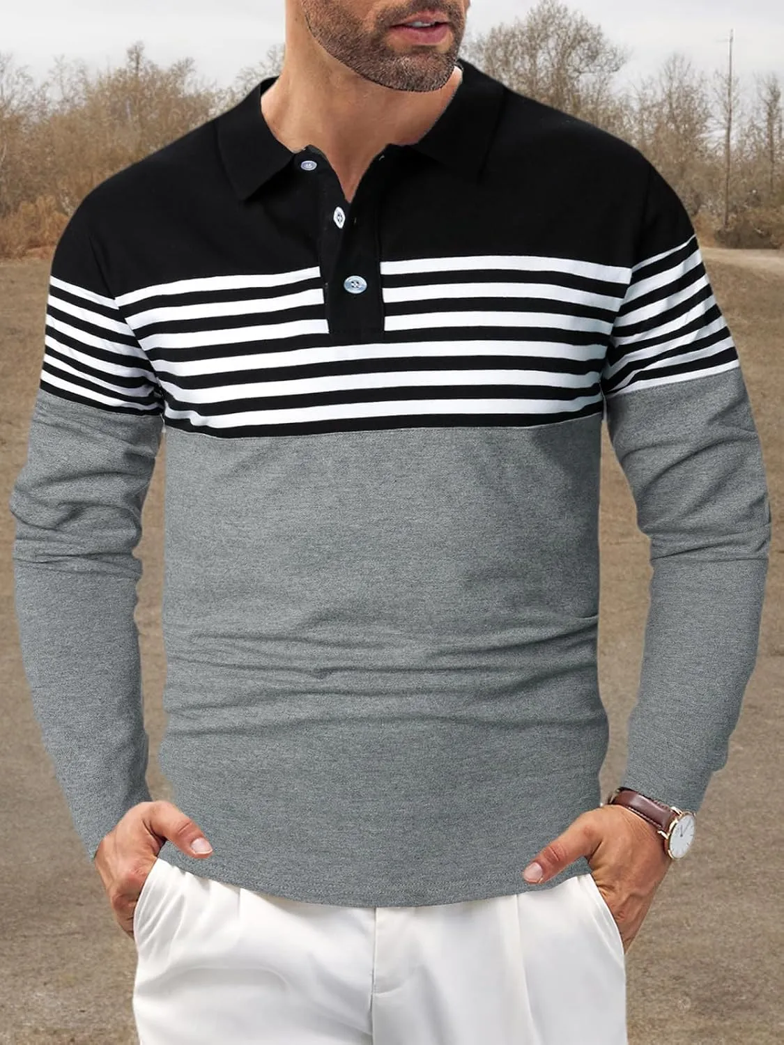 Mens Polo Shirts Long/Short Sleeve Striped Casual Slim Fit Golf Polo Contrast Color Summer Cotton T-Shirts