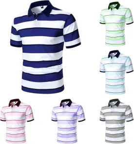 Mens Resort Wear 2025 Muscle Fit Gym Short Sleeve Performance Striped Top Slim Fit Office Casual Fitness Clothing