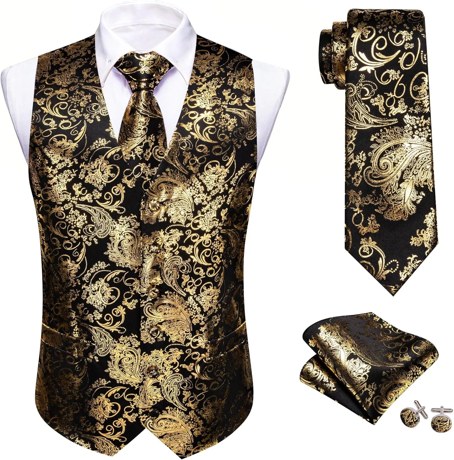 Mens Vest Tie Set Shiny Paisley V-neck Floral Waistcoat Necktie Hanky Pin Clip Cufflinks Tuxedo Casual Disco Party