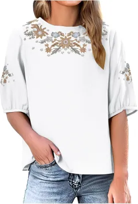 Mexican Embroidered Tops for Women Cotton Linen Shirts Casual Short Sleeve Tunics Summer Round Neck Blouses