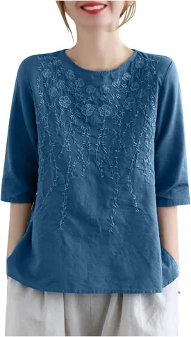 Mexican Embroidered Tops for Women Cotton Linen Shirts Casual Short Sleeve Tunics Summer Round Neck Blouses