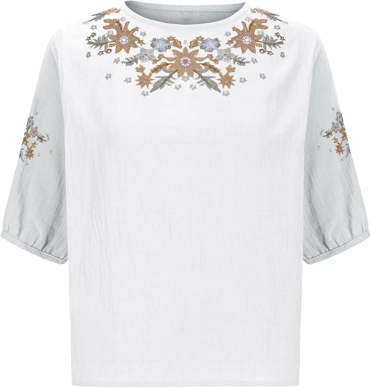 Mexican Embroidered Tops for Women Cotton Linen Shirts Casual Short Sleeve Tunics Summer Round Neck Blouses