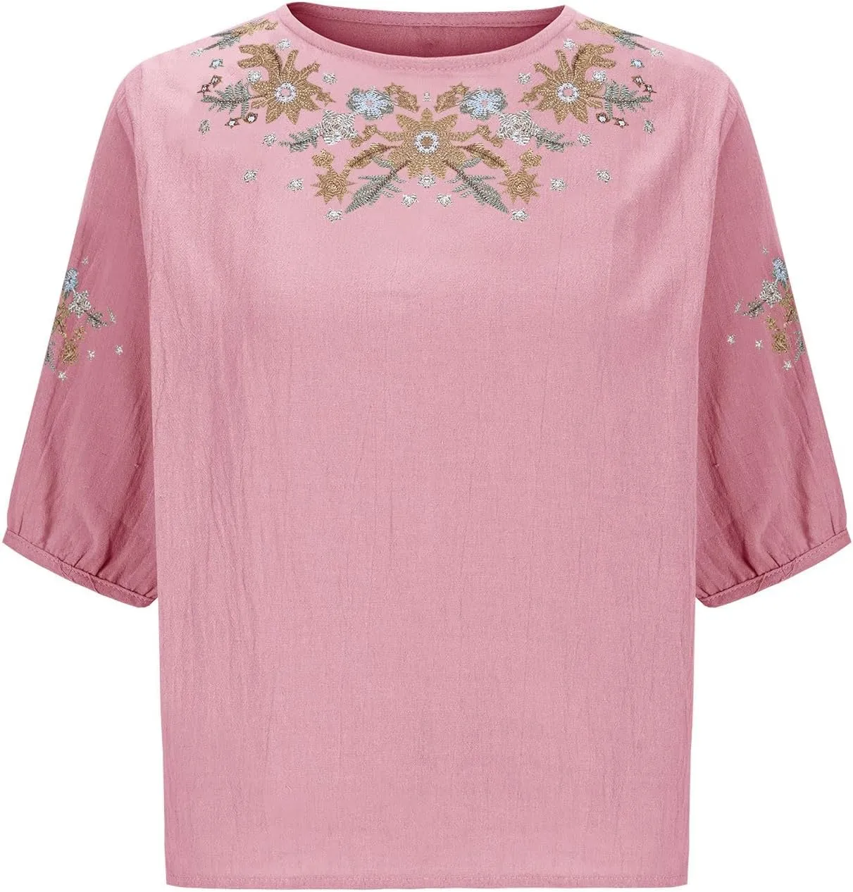 Mexican Embroidered Tops for Women Cotton Linen Shirts Casual Short Sleeve Tunics Summer Round Neck Blouses