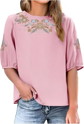 Mexican Embroidered Tops for Women Cotton Linen Shirts Casual Short Sleeve Tunics Summer Round Neck Blouses