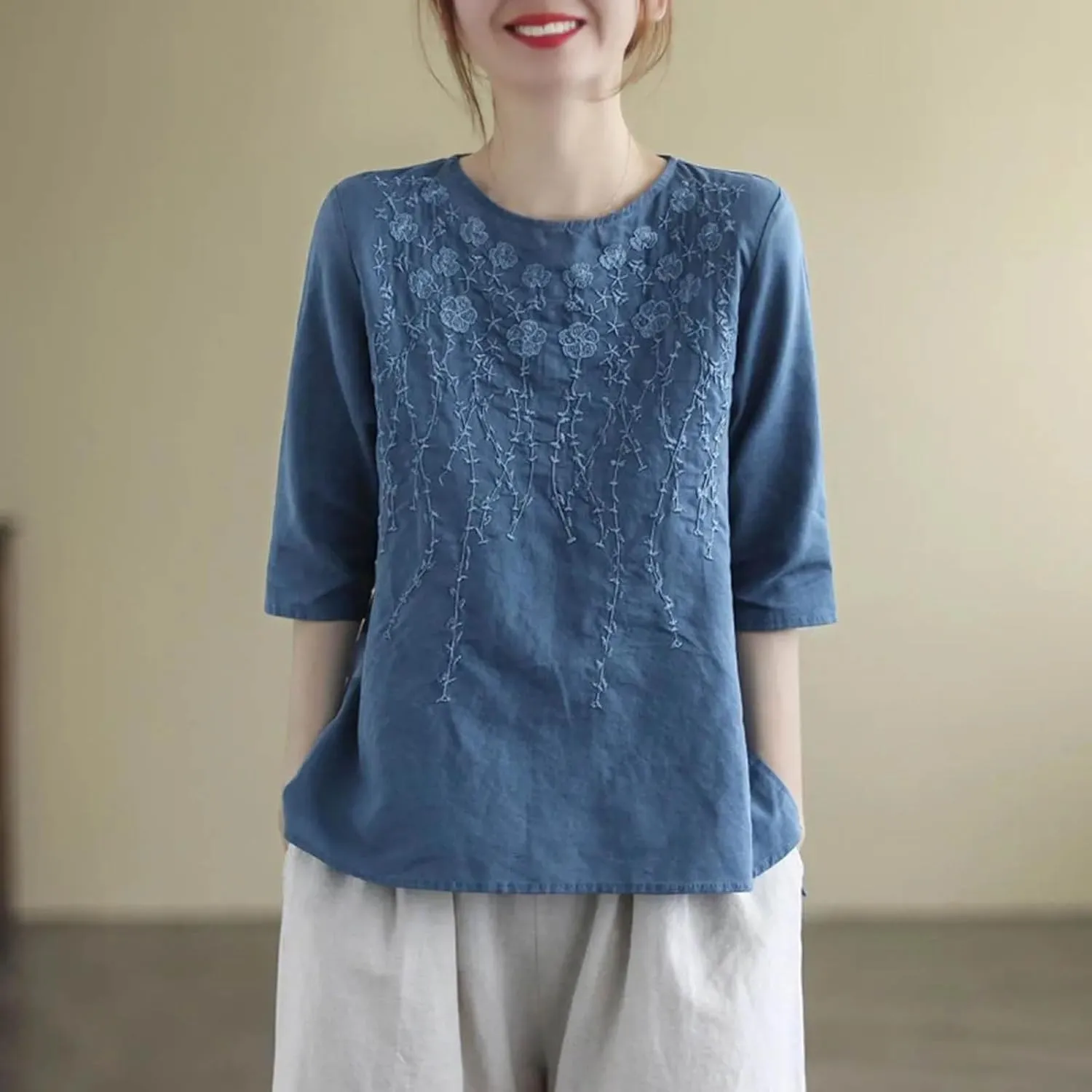 Mexican Embroidered Tops for Women Cotton Linen Shirts Casual Short Sleeve Tunics Summer Round Neck Blouses