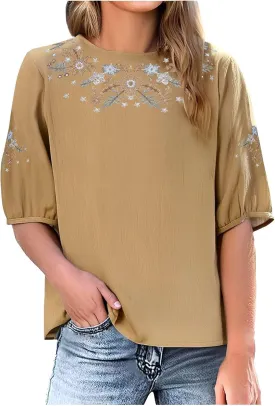 Mexican Embroidered Tops for Women Cotton Linen Shirts Casual Short Sleeve Tunics Summer Round Neck Blouses