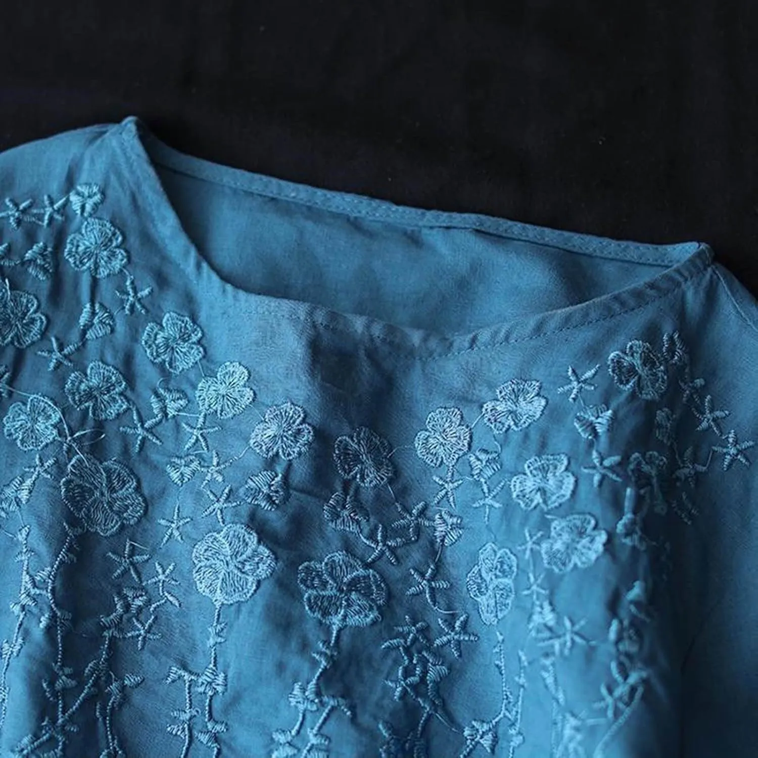 Mexican Embroidered Tops for Women Cotton Linen Shirts Casual Short Sleeve Tunics Summer Round Neck Blouses