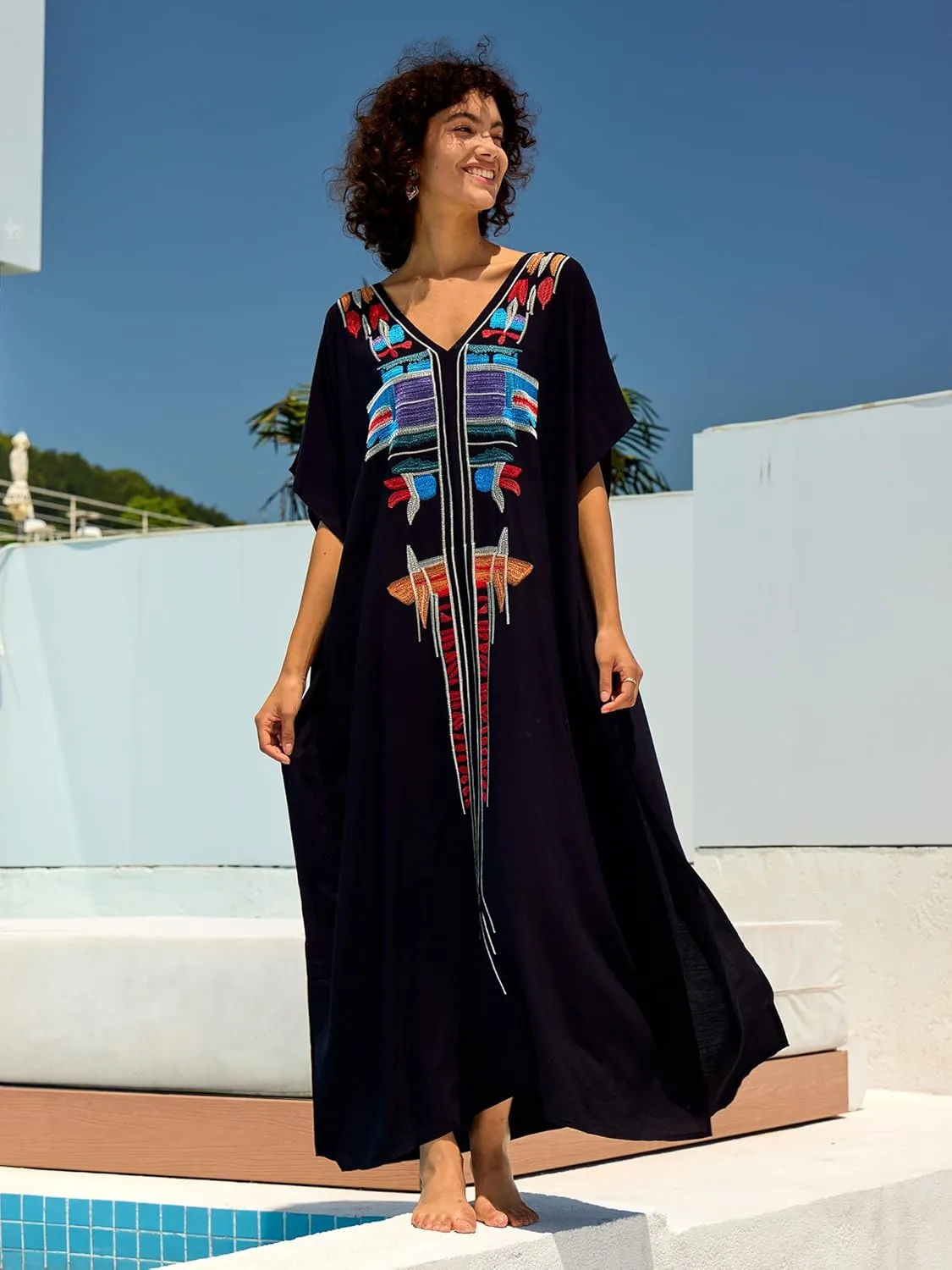 Moroccan Kaftan Dresses for Women Plus Size Caftans Loungewear Embroidered Beach Kaftan Cover up mumu House Dress
