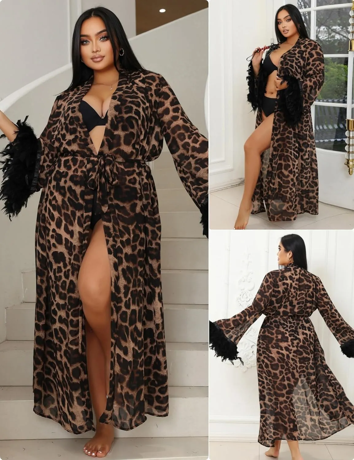 ohyeah Lace Kimono Robe Leopard Print Robe Sexy Lingerie for Women Long Lace Cover Up Gown Lingerie