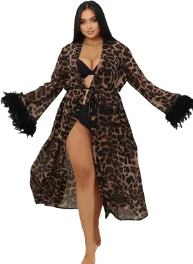 ohyeah Lace Kimono Robe Leopard Print Robe Sexy Lingerie for Women Long Lace Cover Up Gown Lingerie