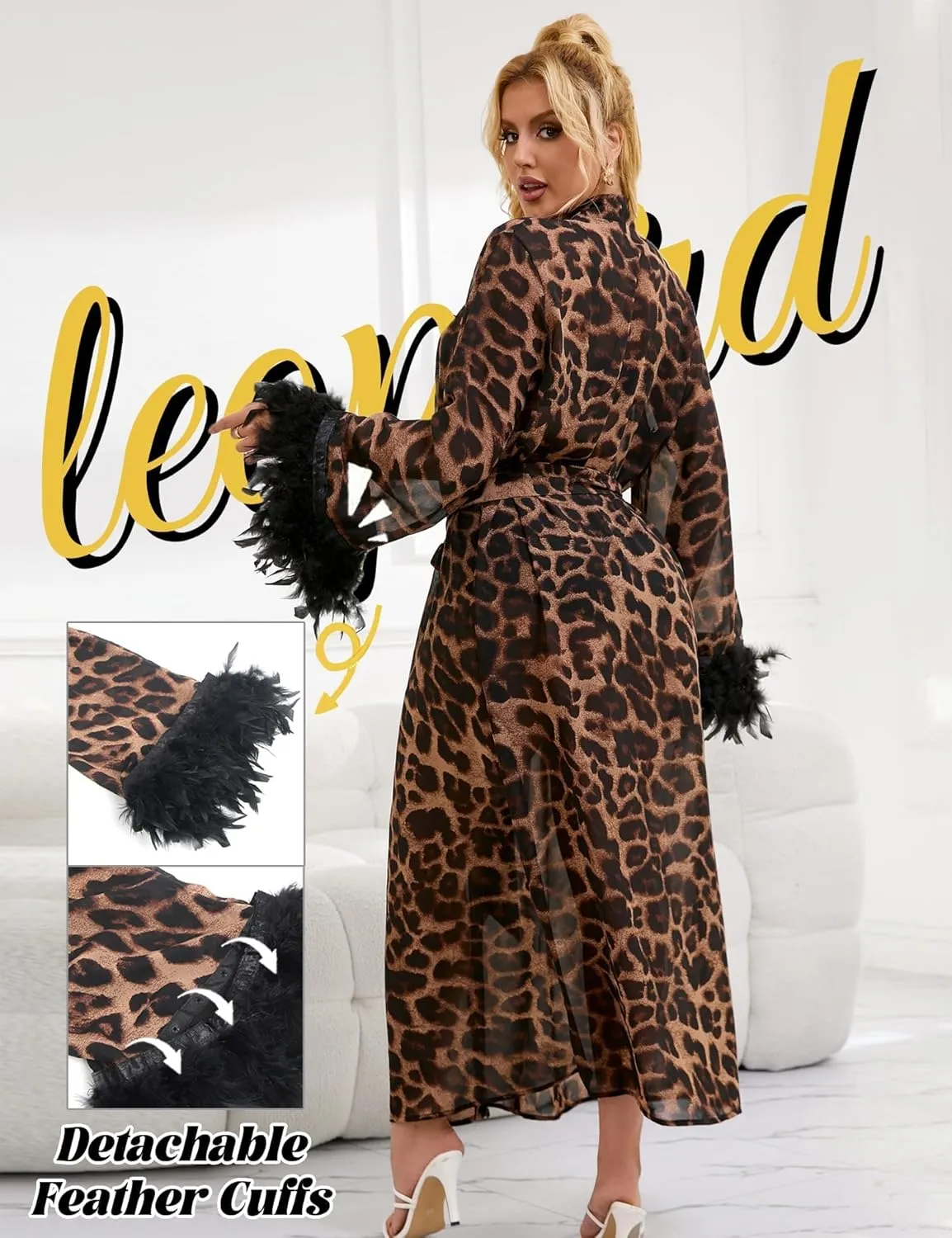 ohyeah Lace Kimono Robe Leopard Print Robe Sexy Lingerie for Women Long Lace Cover Up Gown Lingerie