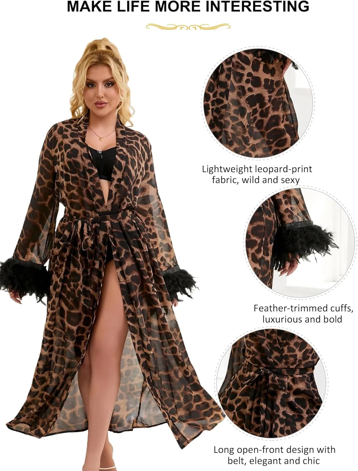 ohyeah Lace Kimono Robe Leopard Print Robe Sexy Lingerie for Women Long Lace Cover Up Gown Lingerie