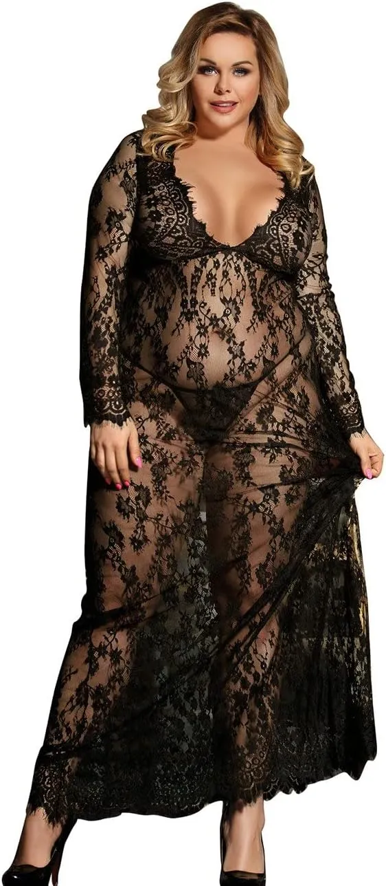 ohyeah Plus Size Long Gown Lingerie Floral Lace Nightgown Lace Maxi Maternity Dress Big Size Long Sleeve Chemise