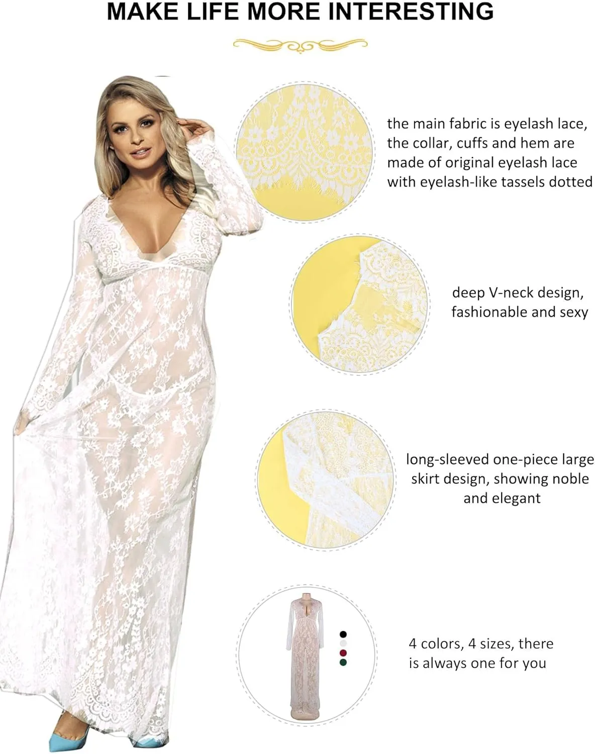 ohyeah Plus Size Long Gown Lingerie Floral Lace Nightgown Lace Maxi Maternity Dress Big Size Long Sleeve Chemise