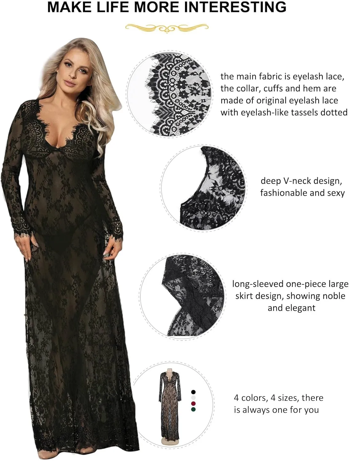 ohyeah Plus Size Long Gown Lingerie Floral Lace Nightgown Lace Maxi Maternity Dress Big Size Long Sleeve Chemise