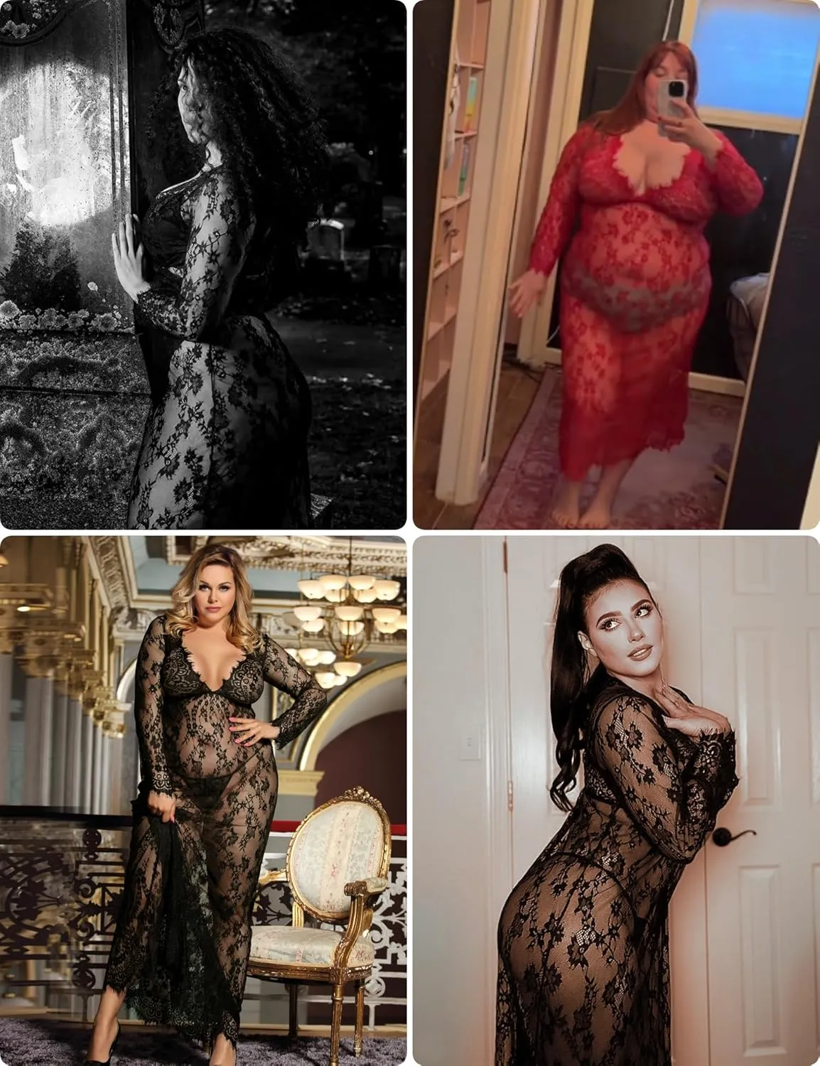 ohyeah Plus Size Long Gown Lingerie Floral Lace Nightgown Lace Maxi Maternity Dress Big Size Long Sleeve Chemise