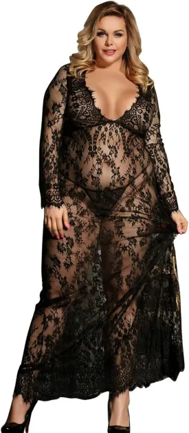 ohyeah Plus Size Long Gown Lingerie Floral Lace Nightgown Lace Maxi Maternity Dress Big Size Long Sleeve Chemise