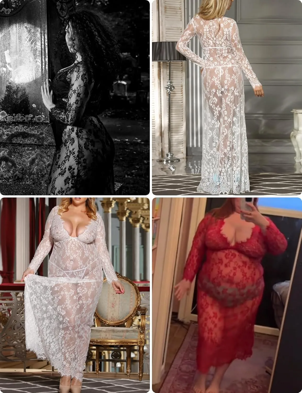 ohyeah Plus Size Long Gown Lingerie Floral Lace Nightgown Lace Maxi Maternity Dress Big Size Long Sleeve Chemise