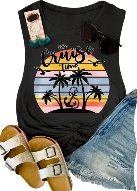 On Cruise Time Coconut Tree Tank Tops for Women Summer Vacation Sleeveless Shirts Casual Beach Praty Graphic Tees Vest