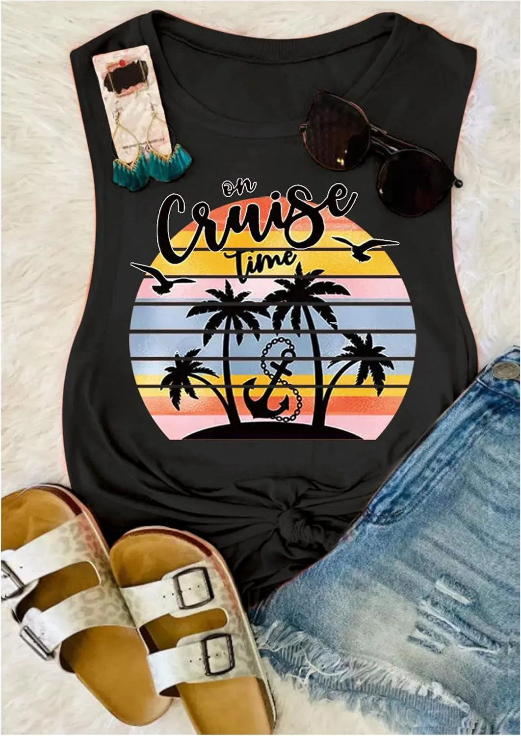 On Cruise Time Coconut Tree Tank Tops for Women Summer Vacation Sleeveless Shirts Casual Beach Praty Graphic Tees Vest