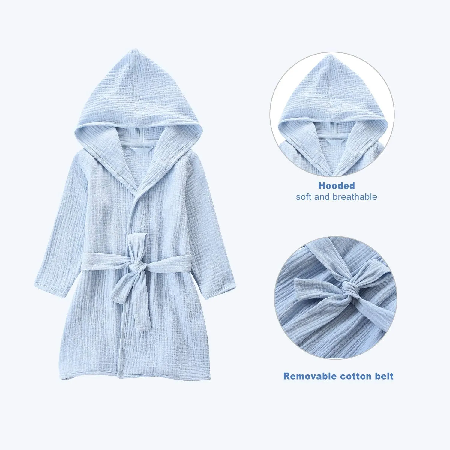 Organic Cotton Toddler Bathrobe, Soft and Breathable Baby Robe for Kid, Boy& Girl Hooded Robe Muslin