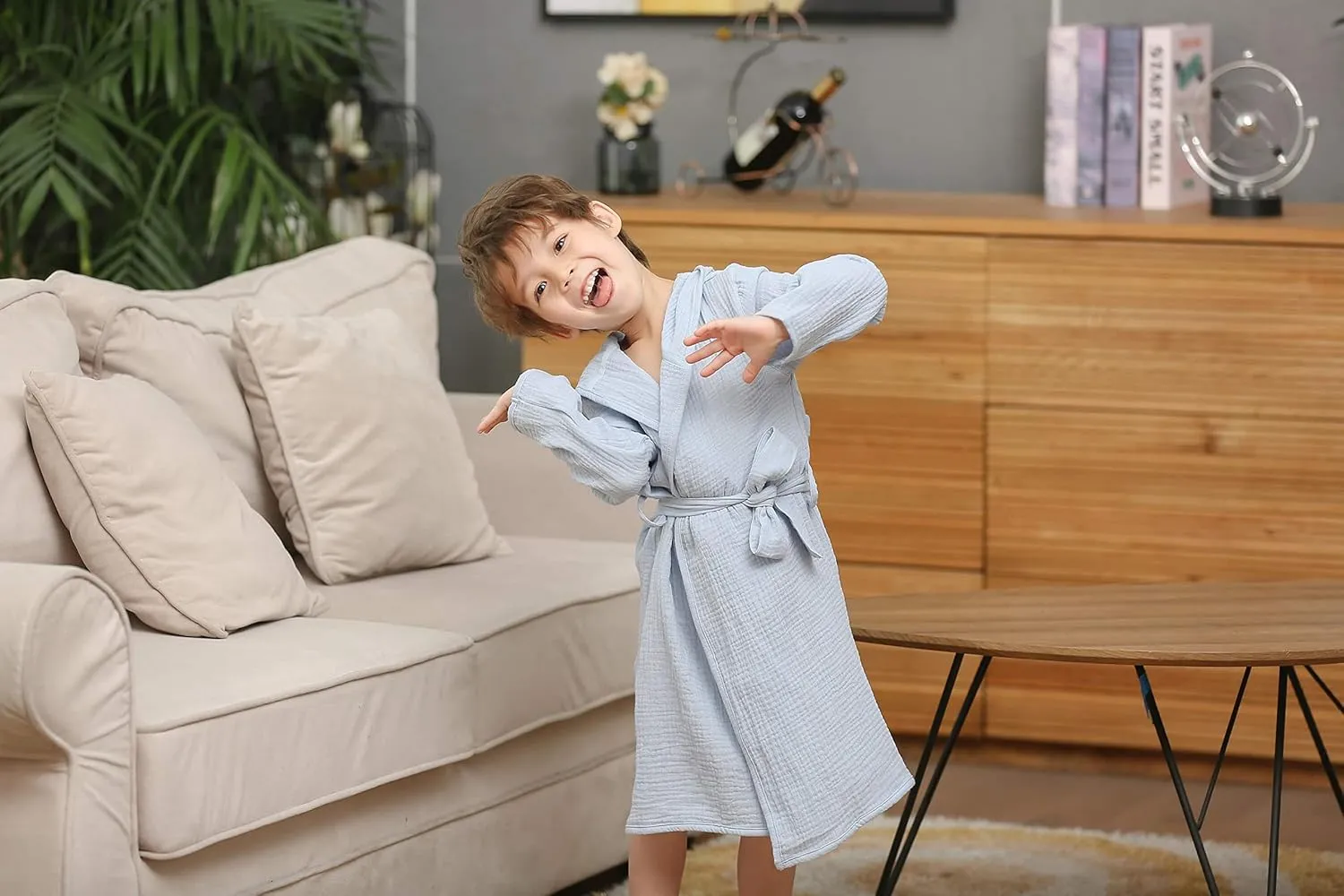 Organic Cotton Toddler Bathrobe, Soft and Breathable Baby Robe for Kid, Boy& Girl Hooded Robe Muslin