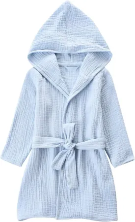 Organic Cotton Toddler Bathrobe, Soft and Breathable Baby Robe for Kid, Boy& Girl Hooded Robe Muslin
