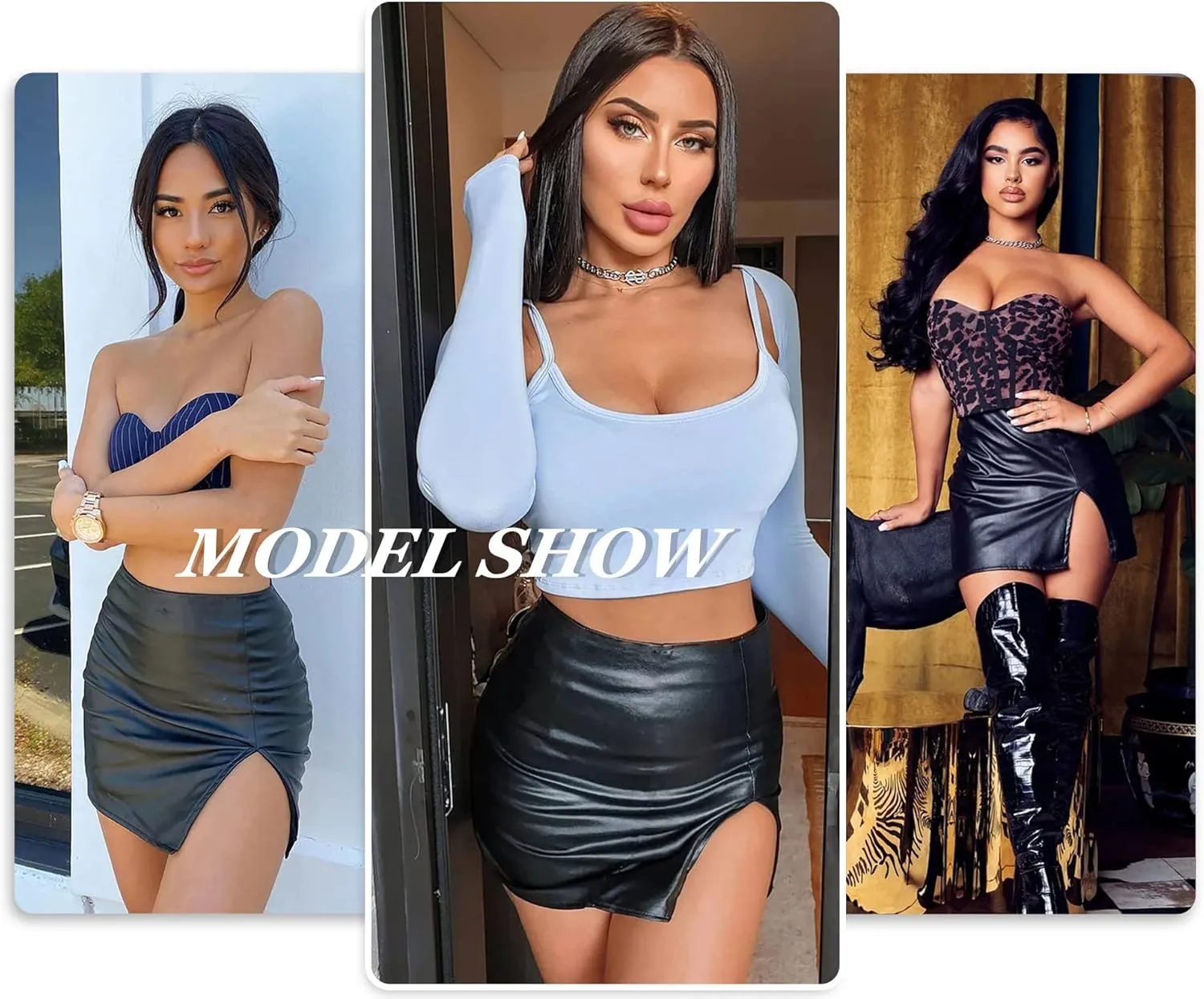 Panegy Women Leather Skirt Side Split Bodycon Mini Skirt High Waist Skirt for Club Party Casual