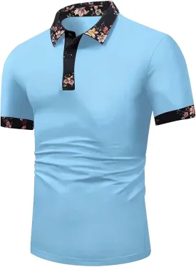 Polo Shirts for Men Casual Short Sleeve Button Collar Tennis Tops Summer Floral Print Golf Shirt Slim Fit Classic Tee
