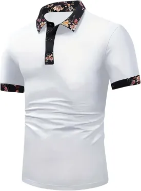 Polo Shirts for Men Casual Short Sleeve Button Collar Tennis Tops Summer Floral Print Golf Shirt Slim Fit Classic Tee