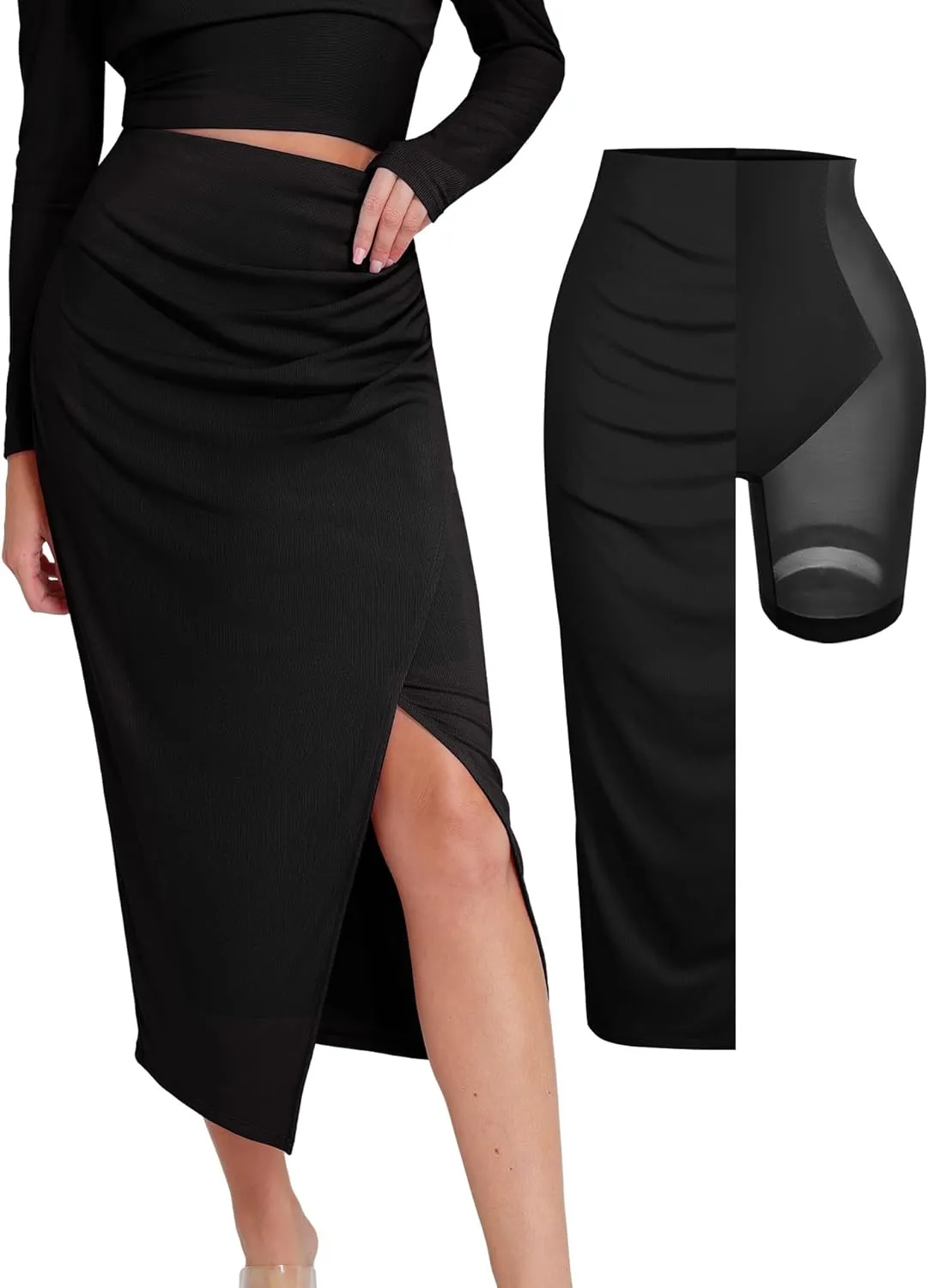 Popilush Midi Skirt with Built in Shapewear Split High Waisted Bodycon A Line Skirts for Women Slit Slim Long Skirt