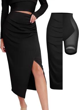 Popilush Midi Skirt with Built in Shapewear Split High Waisted Bodycon A Line Skirts for Women Slit Slim Long Skirt