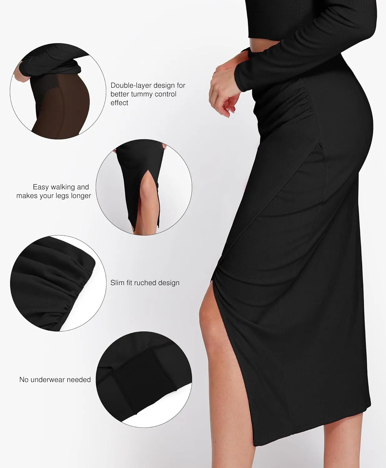 Popilush Midi Skirt with Built in Shapewear Split High Waisted Bodycon A Line Skirts for Women Slit Slim Long Skirt