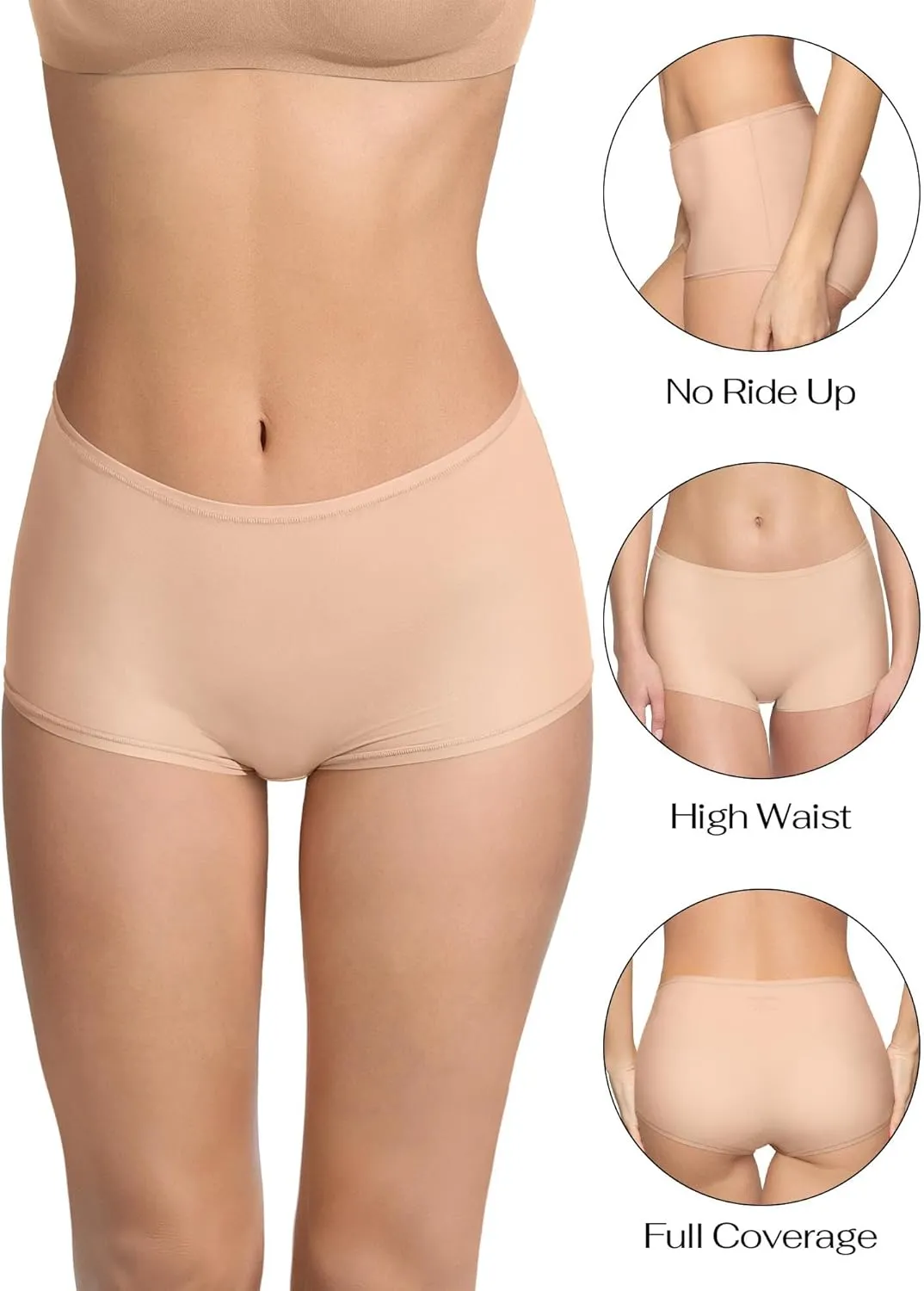 REORIA High Waisted Underwear for Women Full Coverage Boy Shorts Boxer Briefs 4 Pack