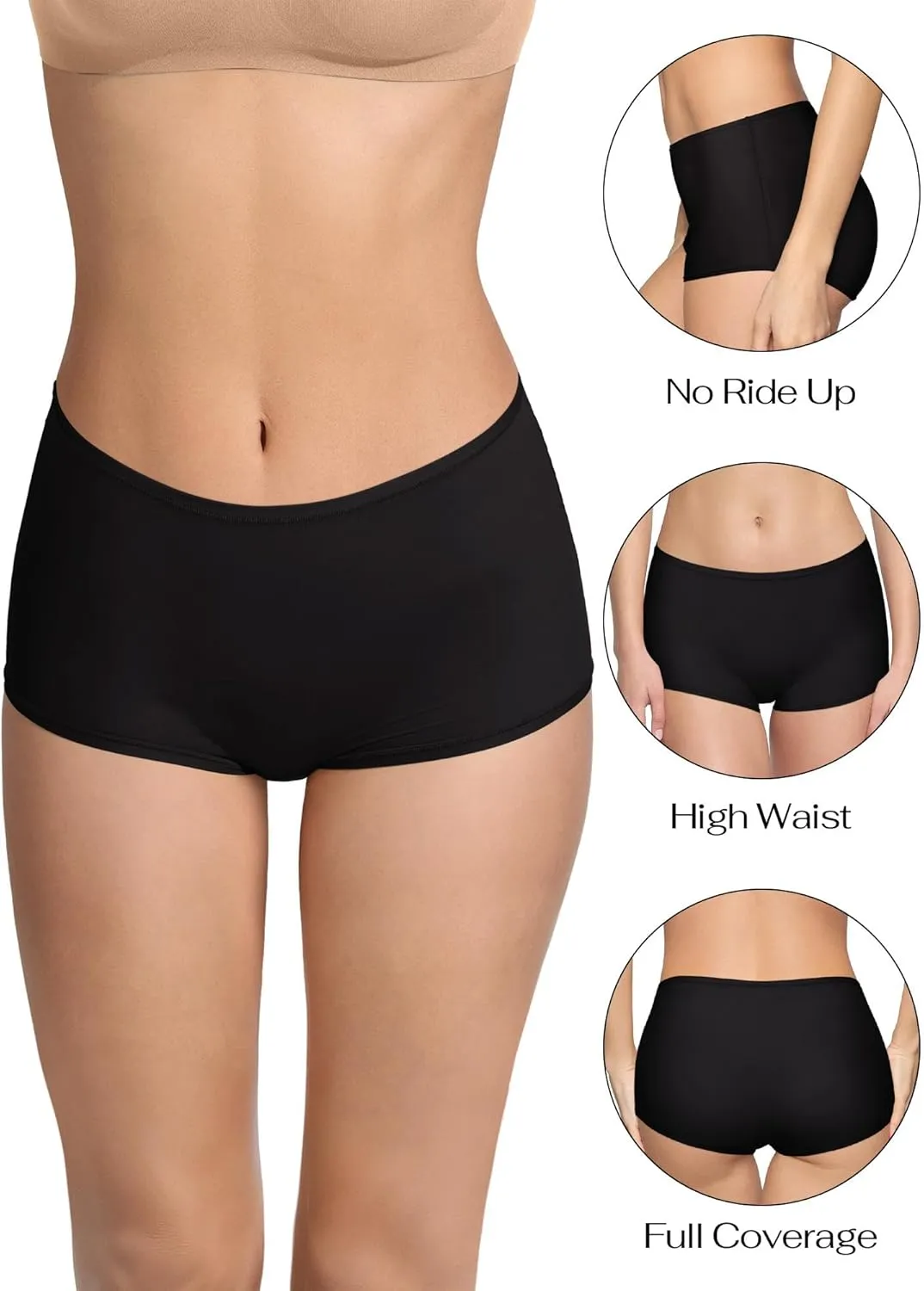REORIA High Waisted Underwear for Women Full Coverage Boy Shorts Boxer Briefs 4 Pack