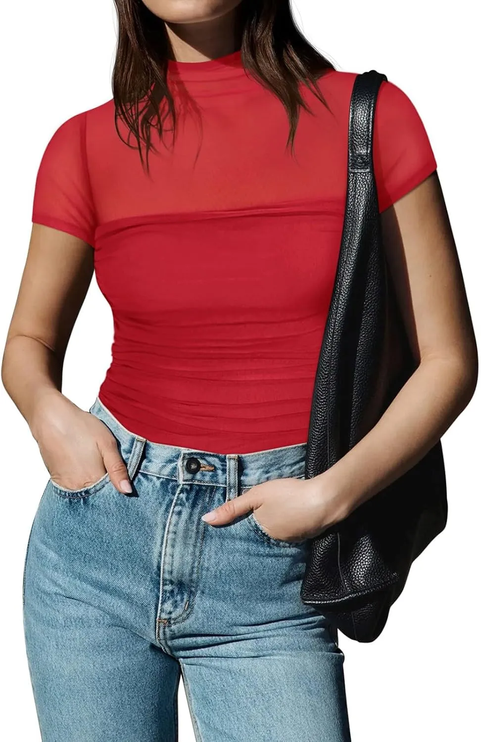 REORIA Women's Sexy Mock Turtle Neck Short Sleeve Shirts Sheer Mesh Ruched Trendy Going Out Bodysuits Tops