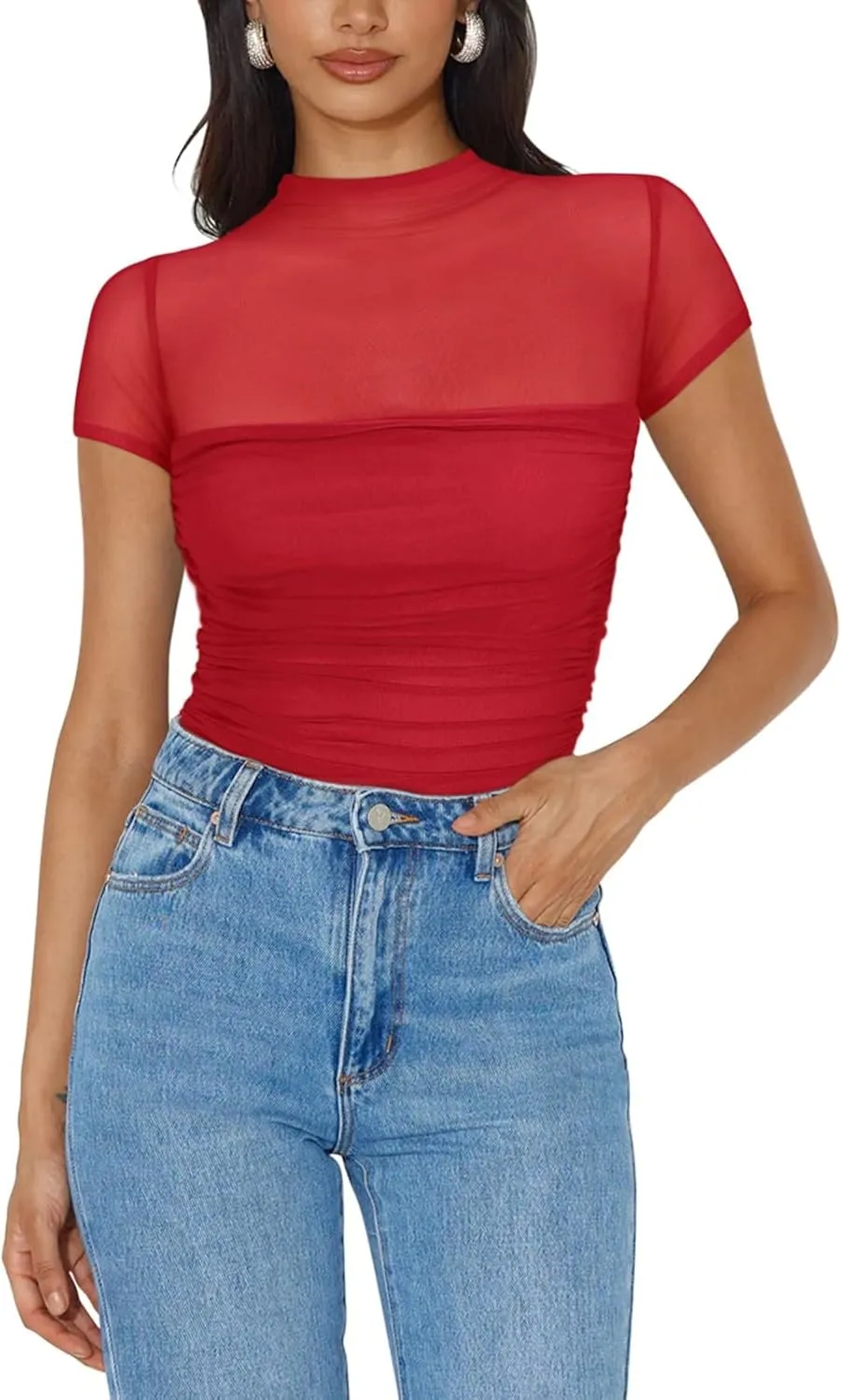 REORIA Women's Sexy Mock Turtle Neck Short Sleeve Shirts Sheer Mesh Ruched Trendy Going Out Bodysuits Tops