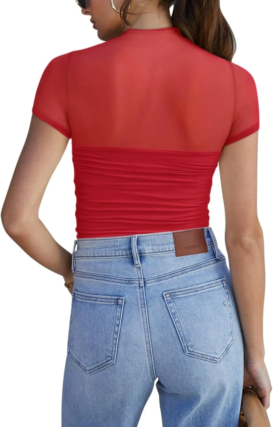 REORIA Women's Sexy Mock Turtle Neck Short Sleeve Shirts Sheer Mesh Ruched Trendy Going Out Bodysuits Tops
