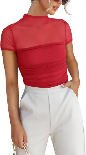 REORIA Women's Sexy Mock Turtle Neck Short Sleeve Shirts Sheer Mesh Ruched Trendy Going Out Bodysuits Tops